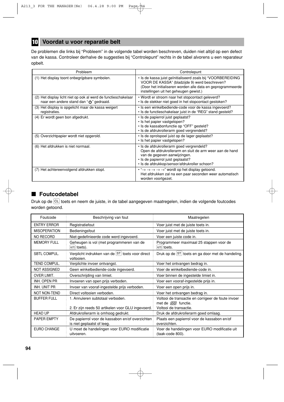 Foutcodetabel, Voordat u voor reparatie belt | Sharp XE-A213 User Manual | Page 480 / 484