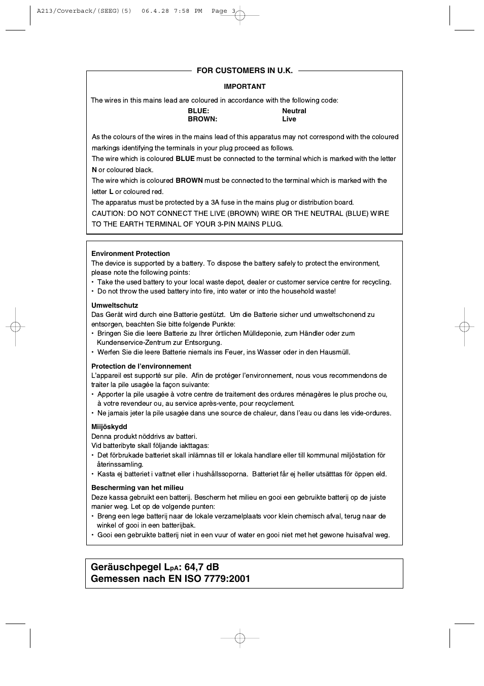 Geräuschpegel l | Sharp XE-A213 User Manual | Page 483 / 484