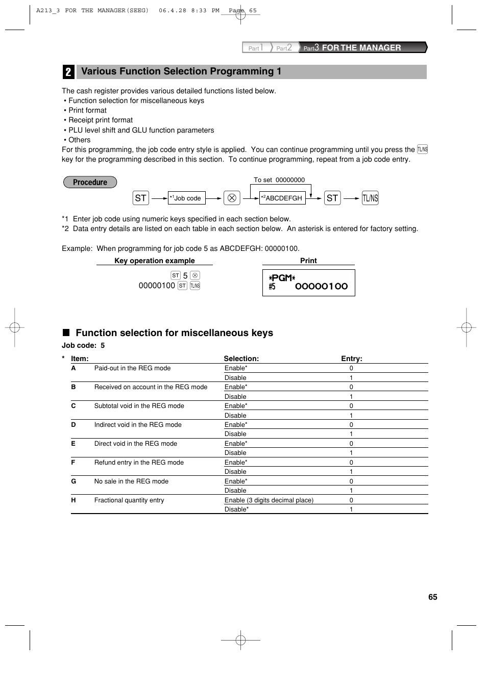 Function selection for miscellaneous keys, Various function selection programming 1 | Sharp XE-A213 User Manual | Page 67 / 484