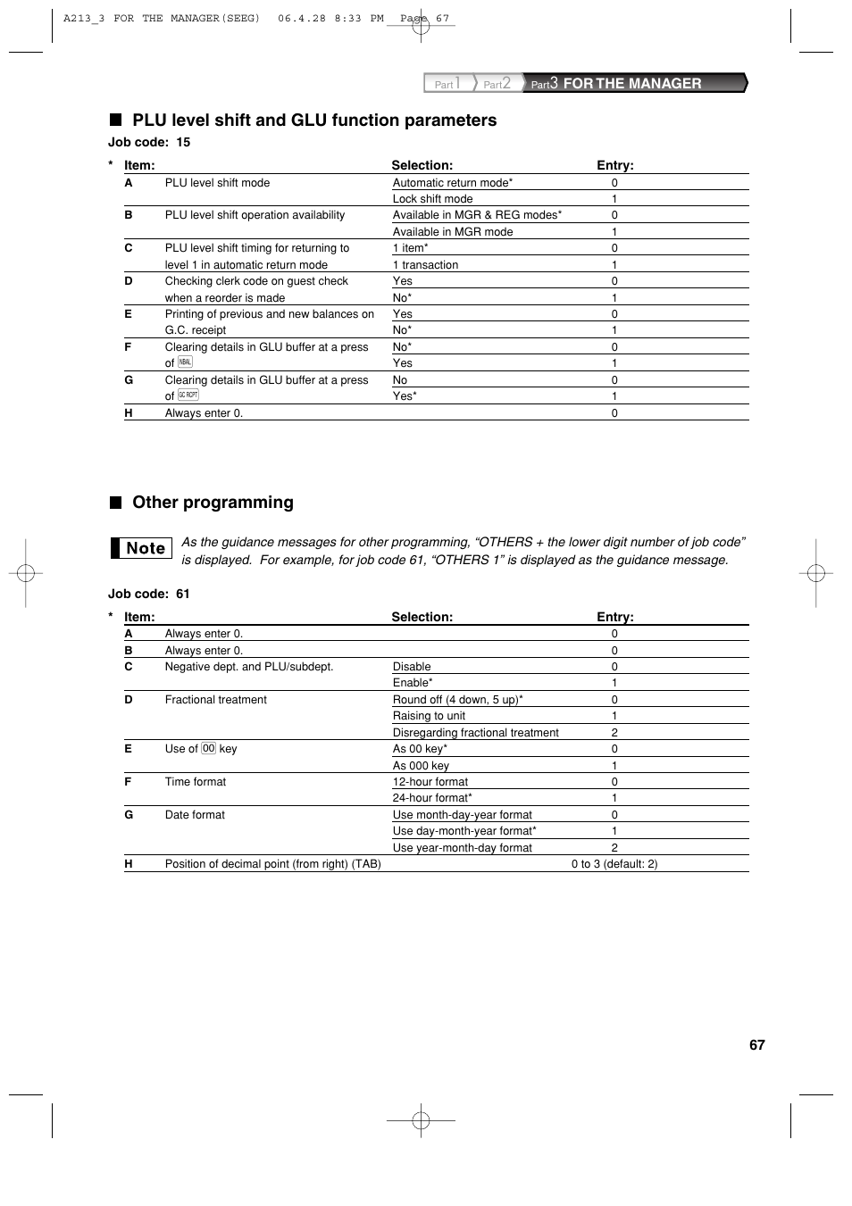 Plu level shift and glu function parameters, Other programming | Sharp XE-A213 User Manual | Page 69 / 484