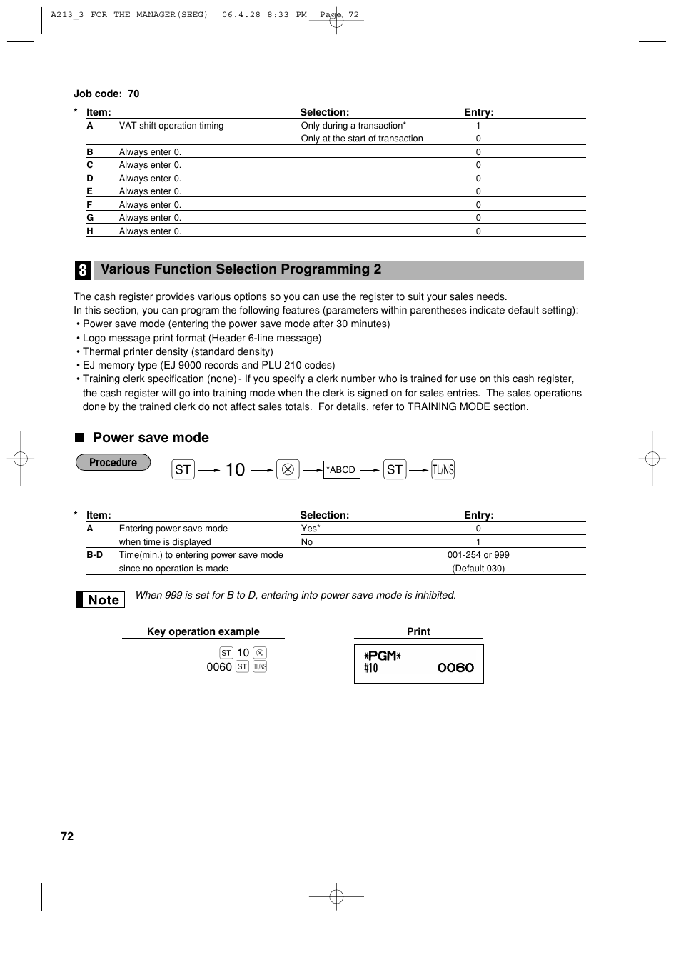 Power save mode, Various function selection programming 2 | Sharp XE-A213 User Manual | Page 74 / 484