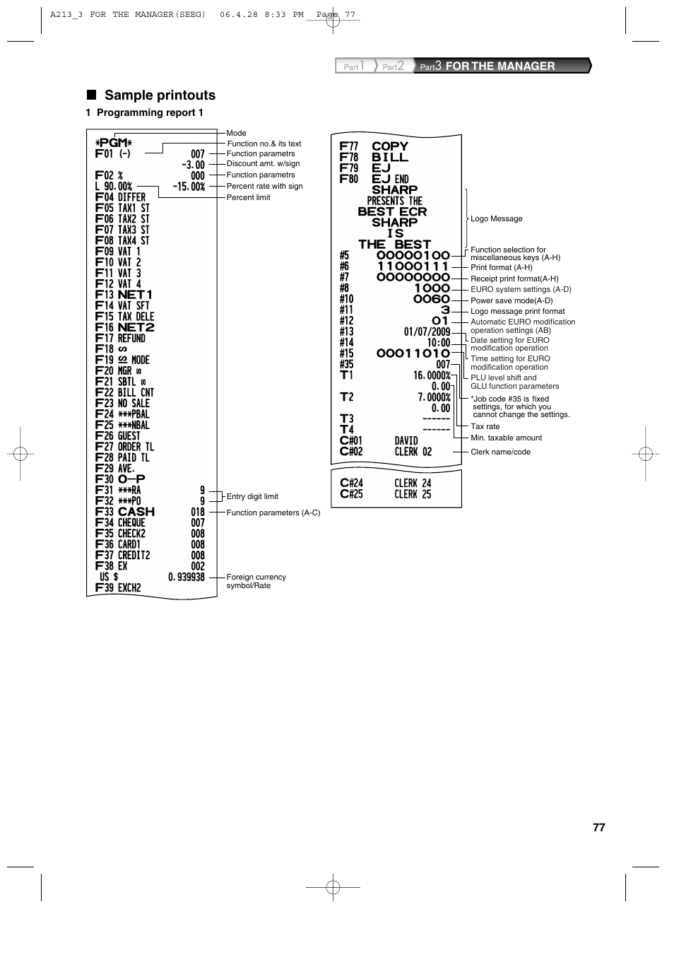 Sample printouts, For the manager | Sharp XE-A213 User Manual | Page 79 / 484