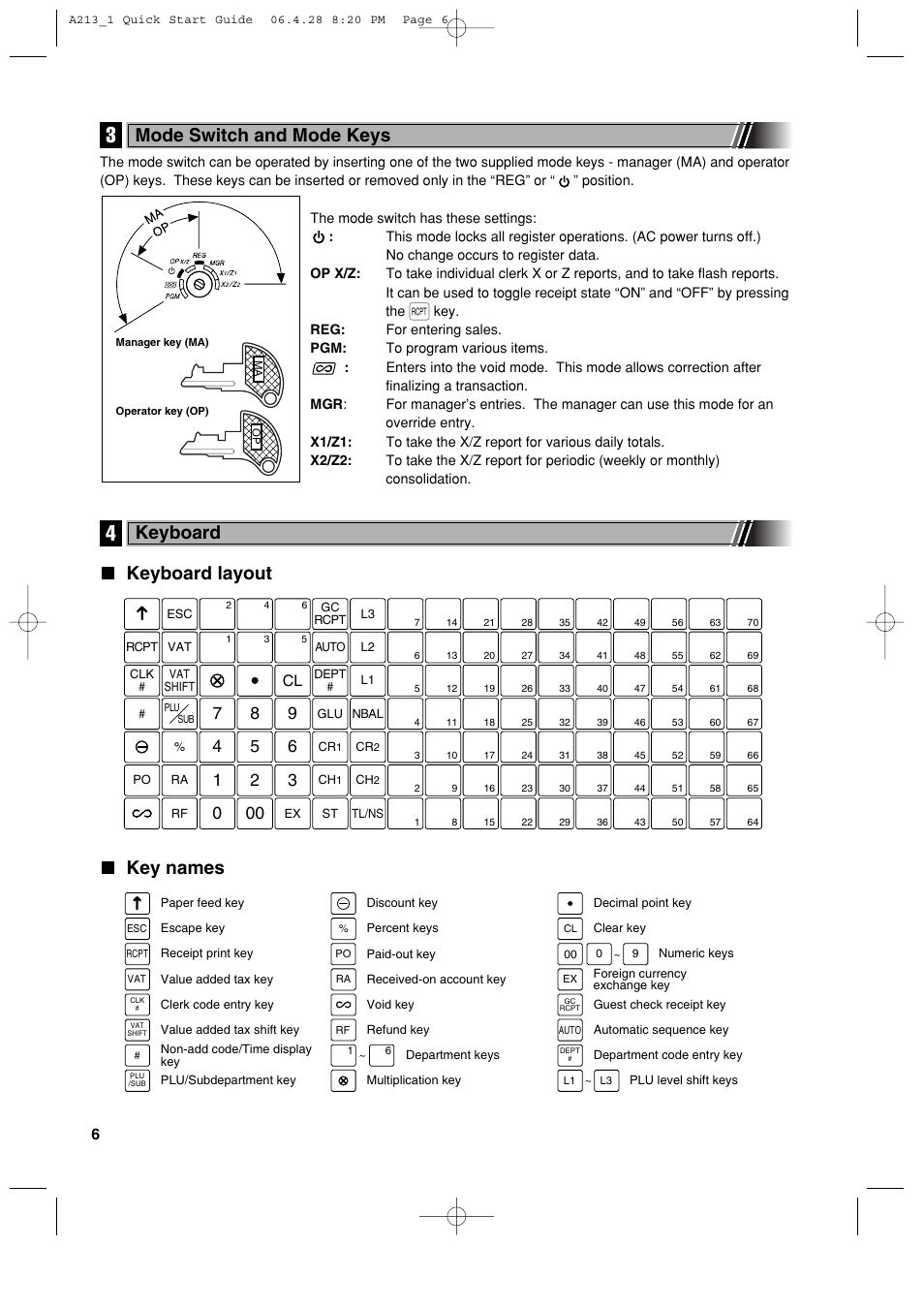 Keyboard layout key names, Mode switch and mode keys, Keyboard | Sharp XE-A213 User Manual | Page 8 / 484