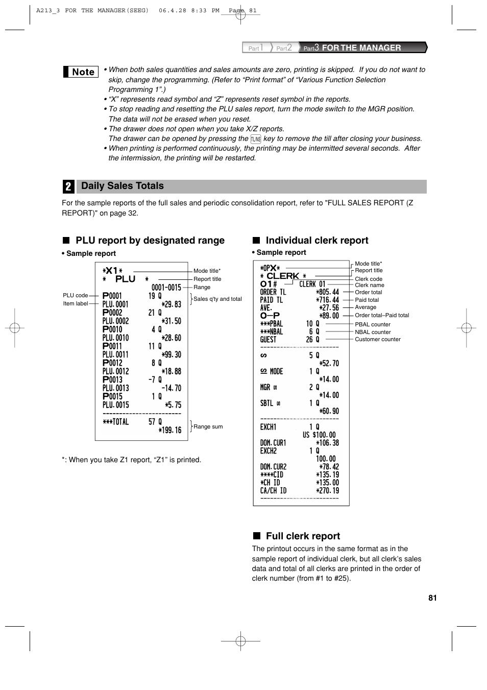 Plu report by designated range, Individual clerk report, Full clerk report | Daily sales totals | Sharp XE-A213 User Manual | Page 83 / 484