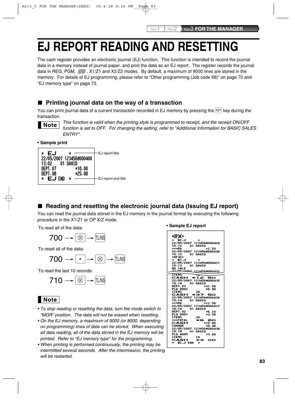 Ej report reading and resetting, A@ @ p | Sharp XE-A213 User Manual | Page 85 / 484