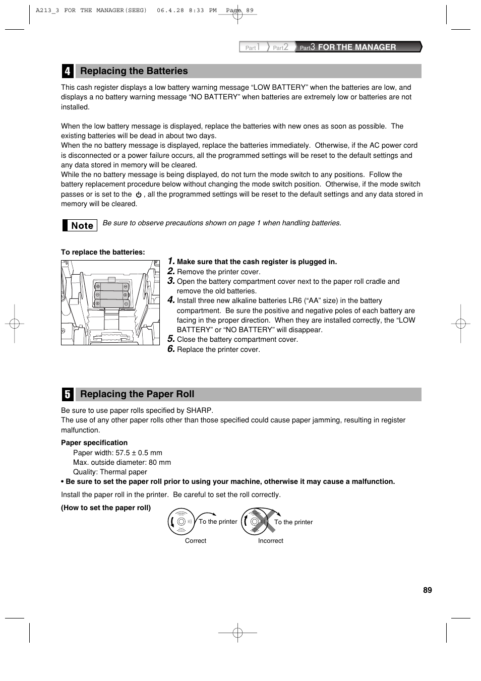 Replacing the paper roll, Replacing the batteries | Sharp XE-A213 User Manual | Page 91 / 484