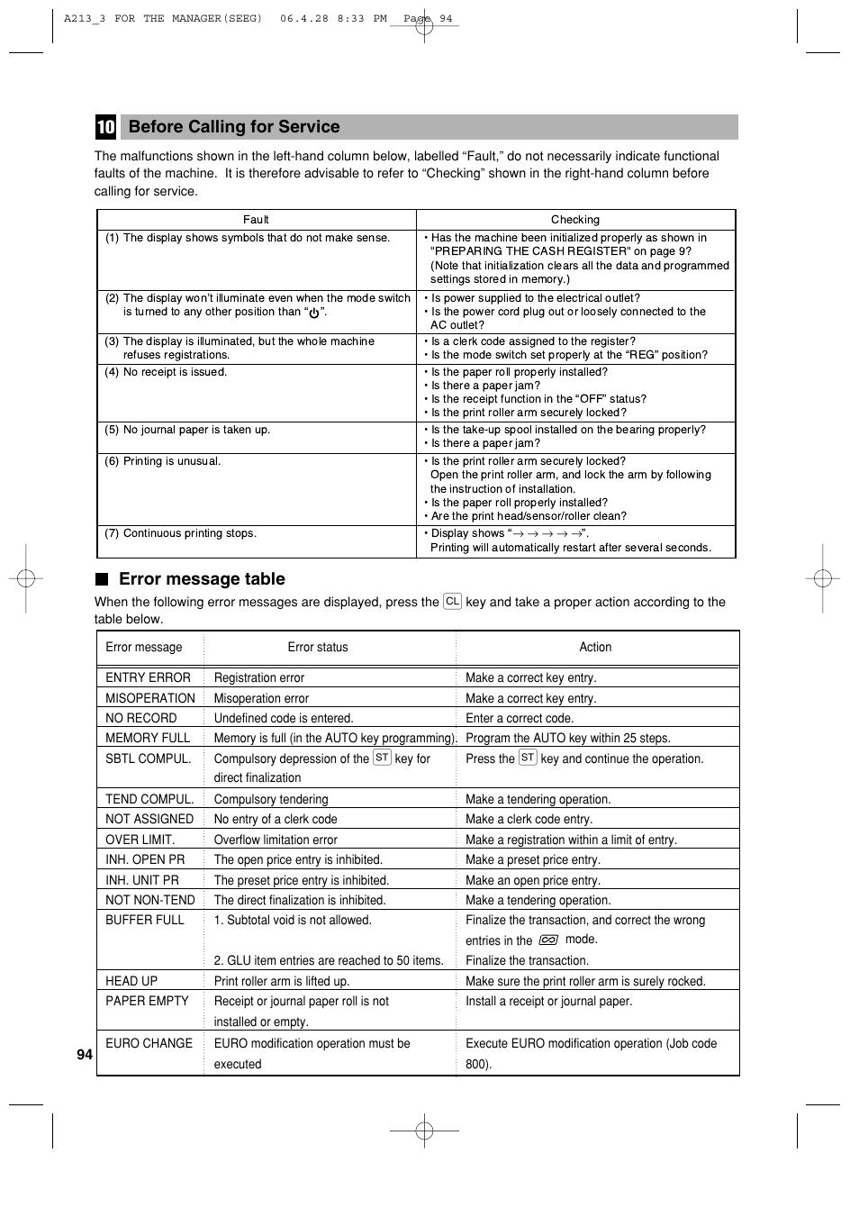 Error message table, Before calling for service | Sharp XE-A213 User Manual | Page 96 / 484