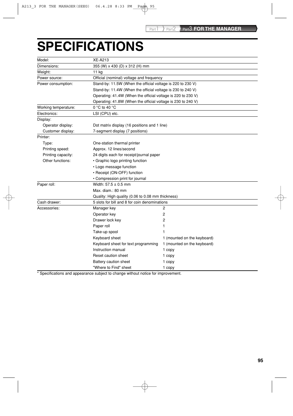 Specifications | Sharp XE-A213 User Manual | Page 97 / 484
