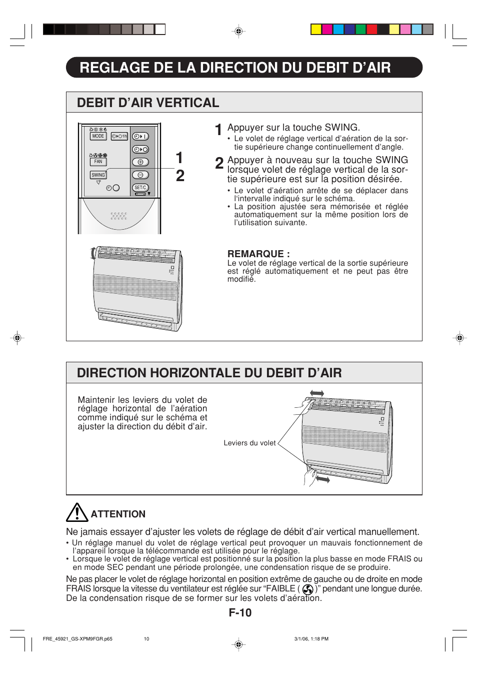 Reglage de la direction du debit d’air, Debit d’air vertical, Direction horizontale du debit d’air | F-10 | Sharp GS-XP12FGR - GU-X12FGR User Manual | Page 100 / 136