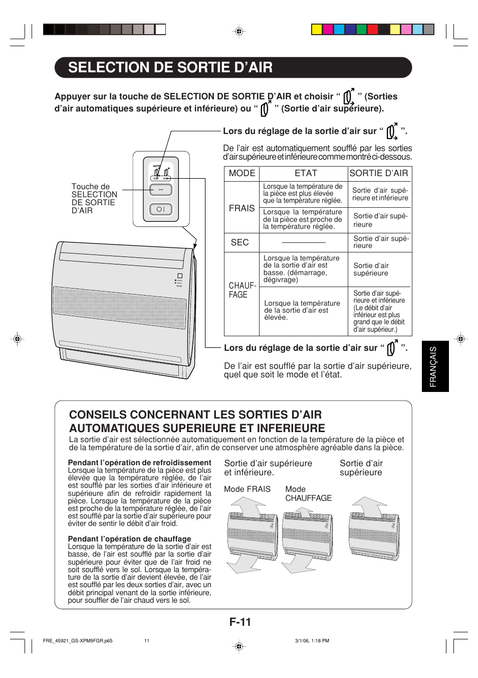 Selection de sortie d’air, F-11 | Sharp GS-XP12FGR - GU-X12FGR User Manual | Page 101 / 136