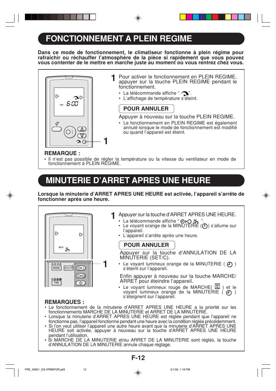 Fonctionnement a plein regime, Minuterie d’arret apres une heure, F-12 | Sharp GS-XP12FGR - GU-X12FGR User Manual | Page 102 / 136