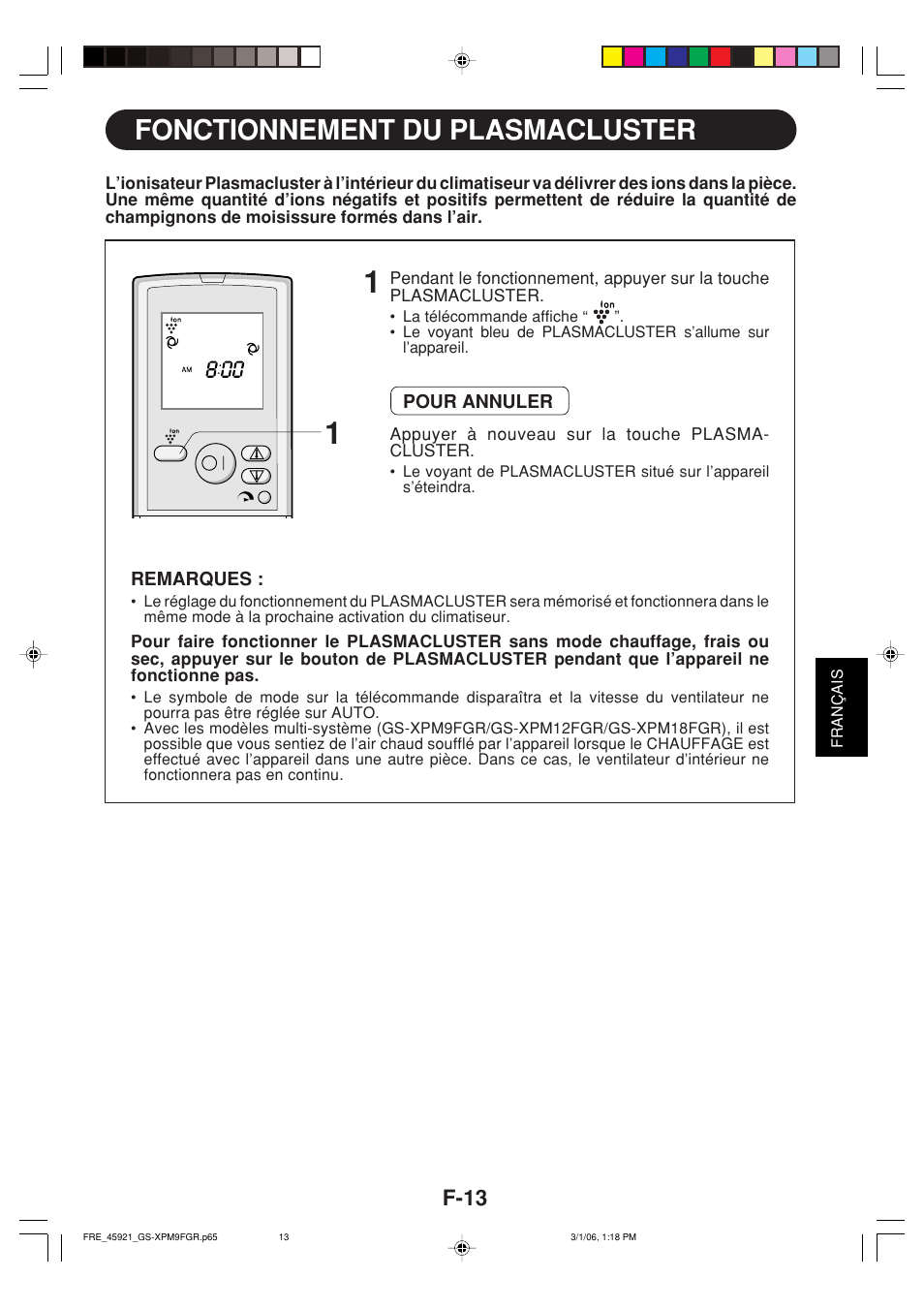 Fonctionnement du plasmacluster, F-13 | Sharp GS-XP12FGR - GU-X12FGR User Manual | Page 103 / 136