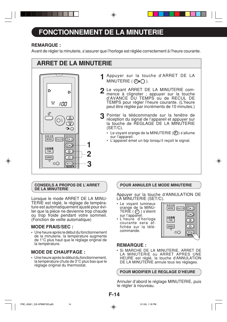 Fonctionnement de la minuterie, Arret de la minuterie, F-14 | Sharp GS-XP12FGR - GU-X12FGR User Manual | Page 104 / 136