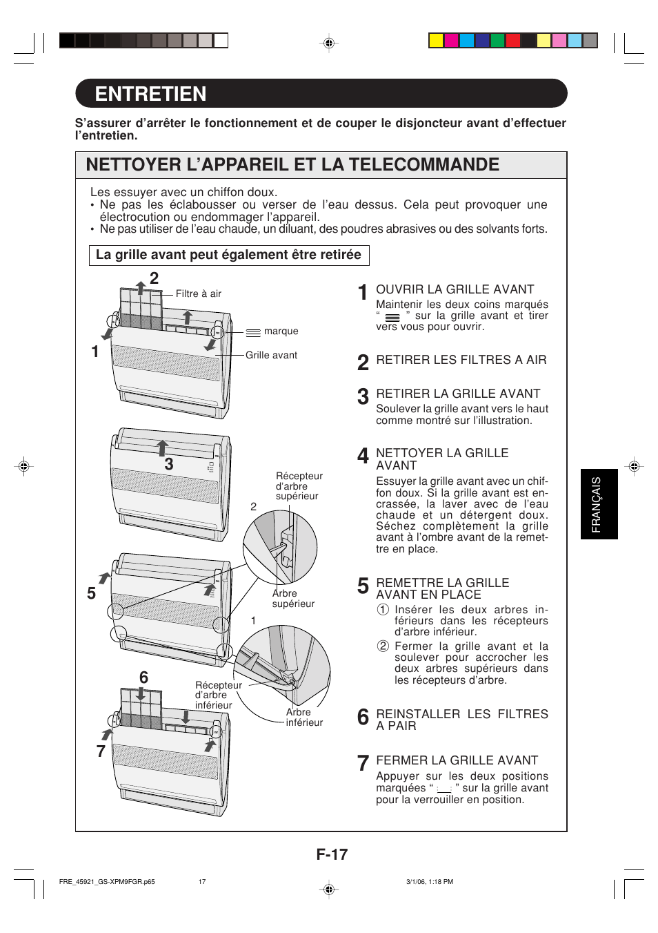 Entretien, Nettoyer l’appareil et la telecommande, F-17 | Sharp GS-XP12FGR - GU-X12FGR User Manual | Page 107 / 136