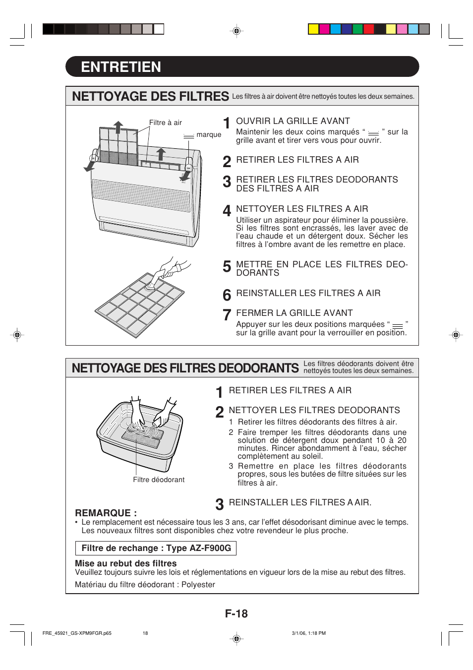 Entretien, Nettoyage des filtres, Nettoyage des filtres deodorants | Sharp GS-XP12FGR - GU-X12FGR User Manual | Page 108 / 136