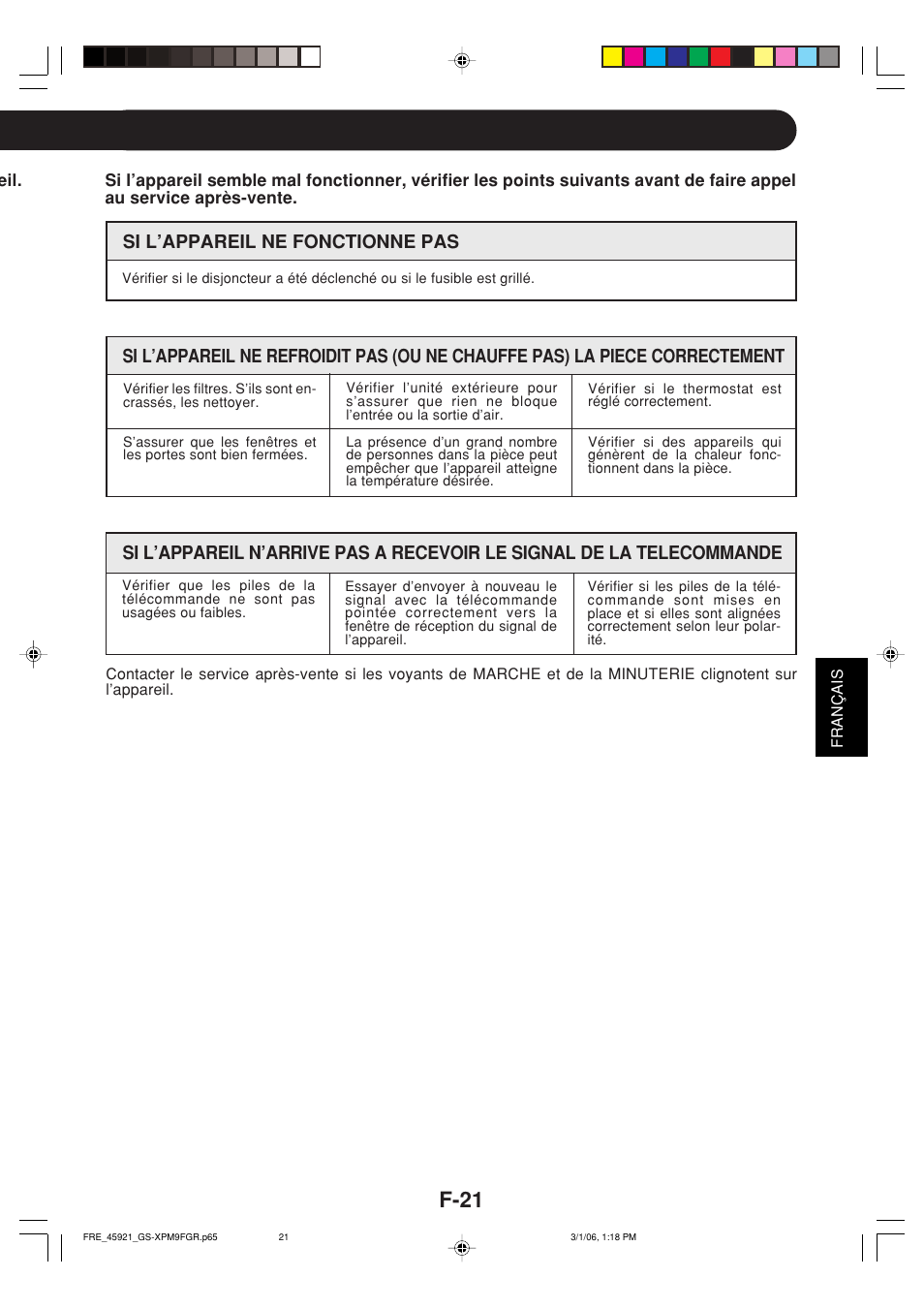 F-21, Si l’appareil ne fonctionne pas | Sharp GS-XP12FGR - GU-X12FGR User Manual | Page 111 / 136