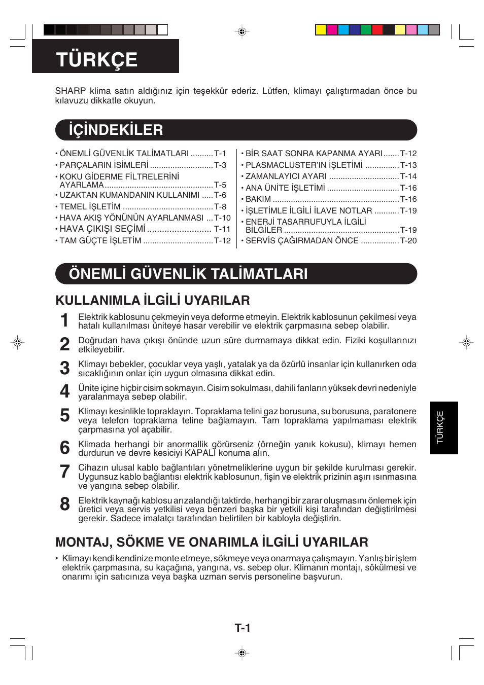 Türkçe, Ç∑ndek∑ler öneml∑ güvenl∑k tal∑matlari | Sharp GS-XP12FGR - GU-X12FGR User Manual | Page 113 / 136