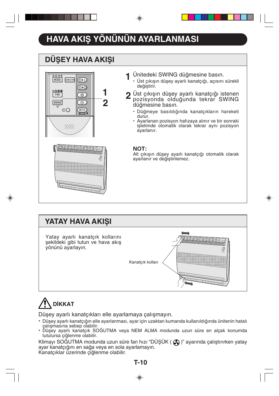 Hava akiω yönünün ayarlanmasi, Düωey hava akiωi, Yatay hava akiωi | T-10 | Sharp GS-XP12FGR - GU-X12FGR User Manual | Page 122 / 136