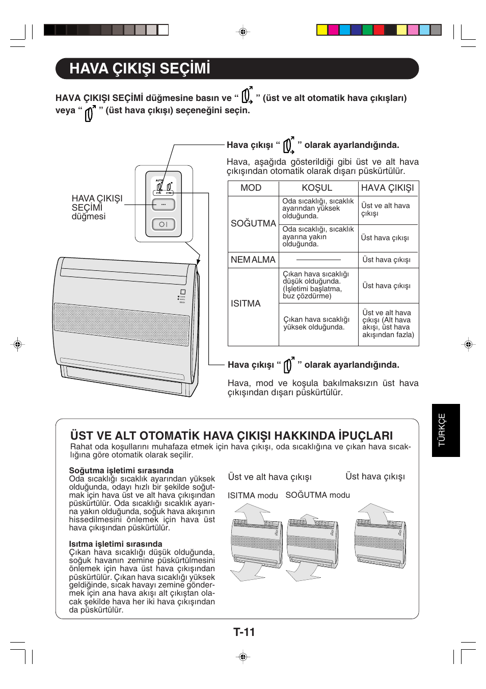 Hava çikiωi seç∑m, T-11, Üst ve alt otomat∑k hava çikiωi hakkinda ∑puçlari | Sharp GS-XP12FGR - GU-X12FGR User Manual | Page 123 / 136