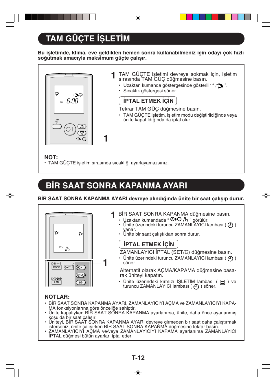 Tam güçte ∑ωlet∑m, B∑r saat sonra kapanma ayari, T-12 | Sharp GS-XP12FGR - GU-X12FGR User Manual | Page 124 / 136