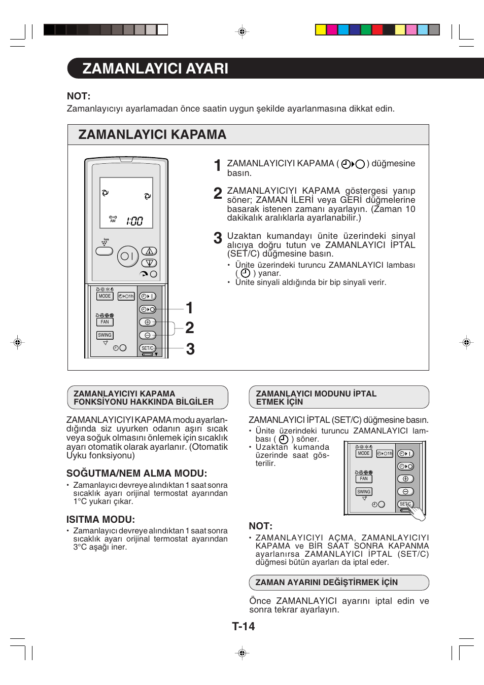 Zamanlayici ayari, Zamanlayici kapama, T-14 | Sharp GS-XP12FGR - GU-X12FGR User Manual | Page 126 / 136