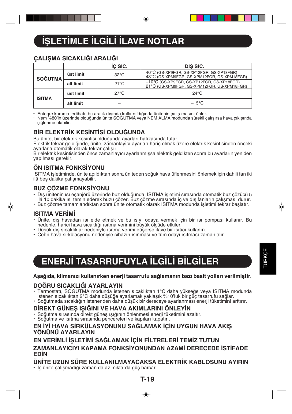 Ωlet∑mle ∑lg∑l∑ ∑lave notlar, Enerj∑ tasarrufuyla ∑lg∑l∑ b∑lg∑ler, T-19 | Sharp GS-XP12FGR - GU-X12FGR User Manual | Page 131 / 136