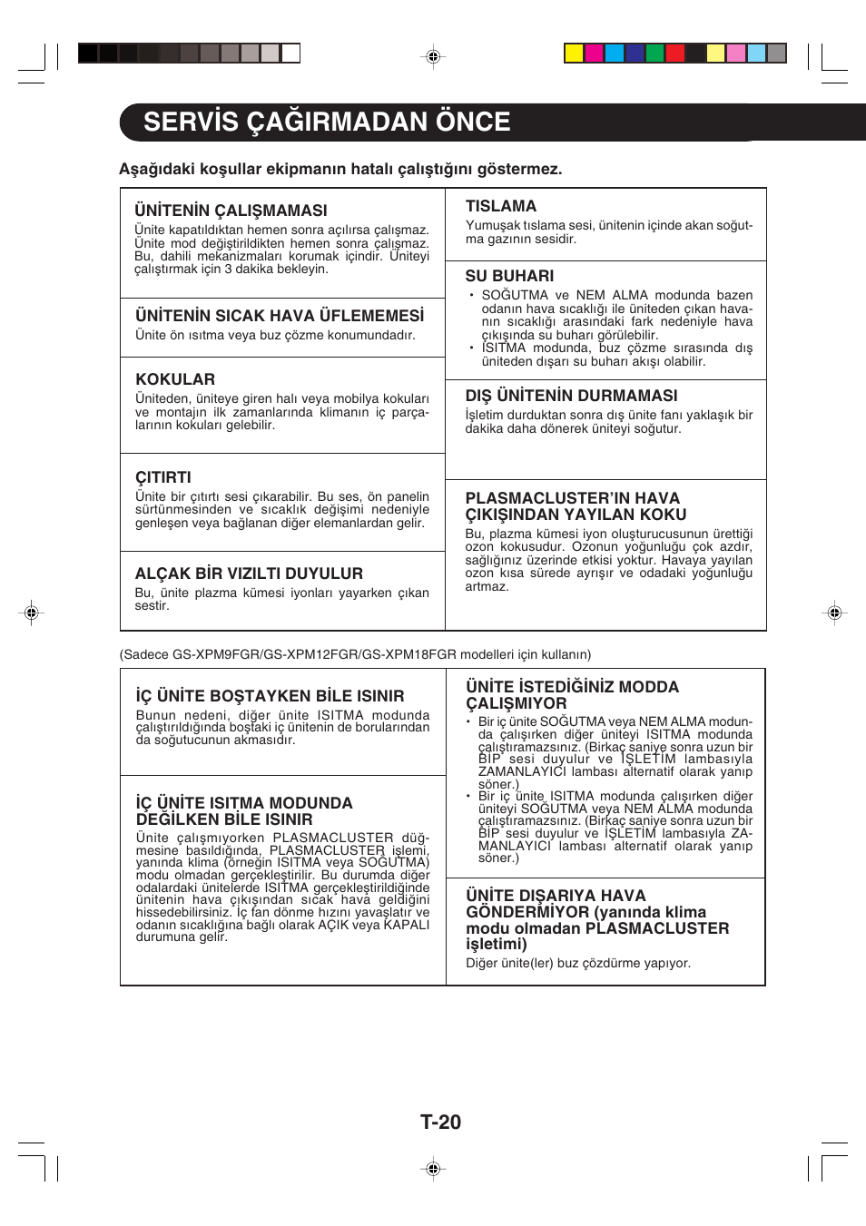 Serv∑s ça∏irmadan önce, T-20 | Sharp GS-XP12FGR - GU-X12FGR User Manual | Page 132 / 136