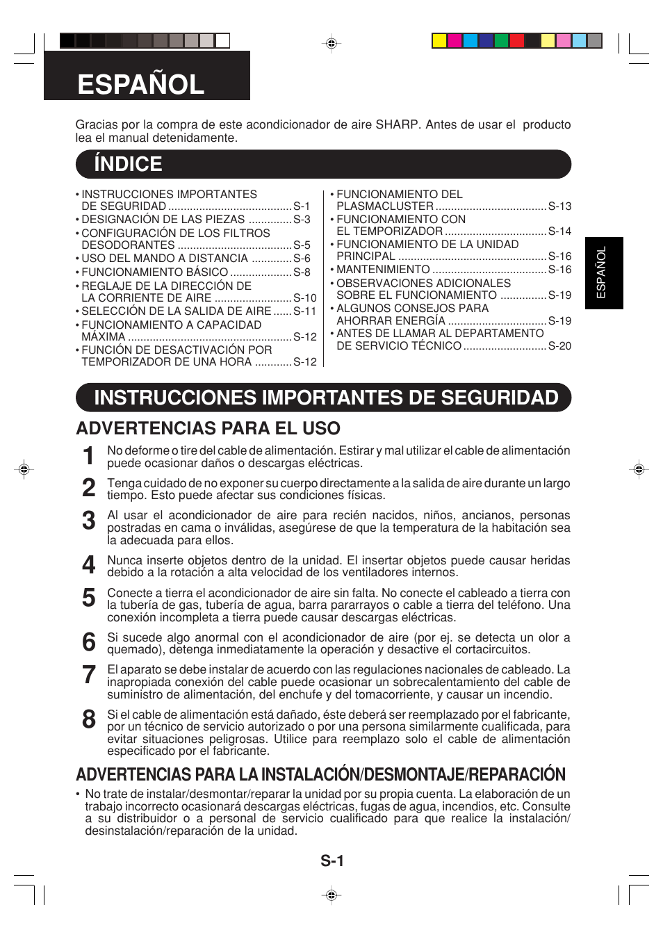 Español, Índice instrucciones importantes de seguridad, Advertencias para el uso | Sharp GS-XP12FGR - GU-X12FGR User Manual | Page 25 / 136