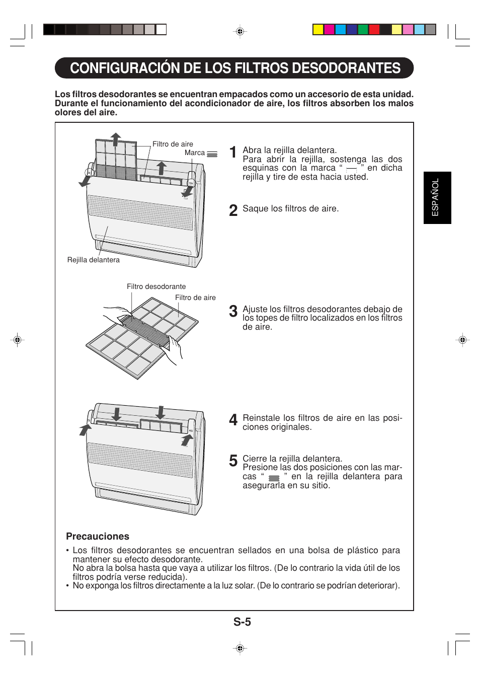 Configuración de los filtros desodorantes | Sharp GS-XP12FGR - GU-X12FGR User Manual | Page 29 / 136