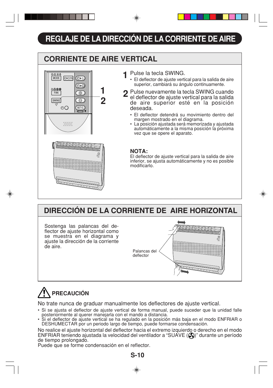 Reglaje de la dirección de la corriente de aire, Corriente de aire vertical, Dirección de la corriente de aire horizontal | S-10 | Sharp GS-XP12FGR - GU-X12FGR User Manual | Page 34 / 136