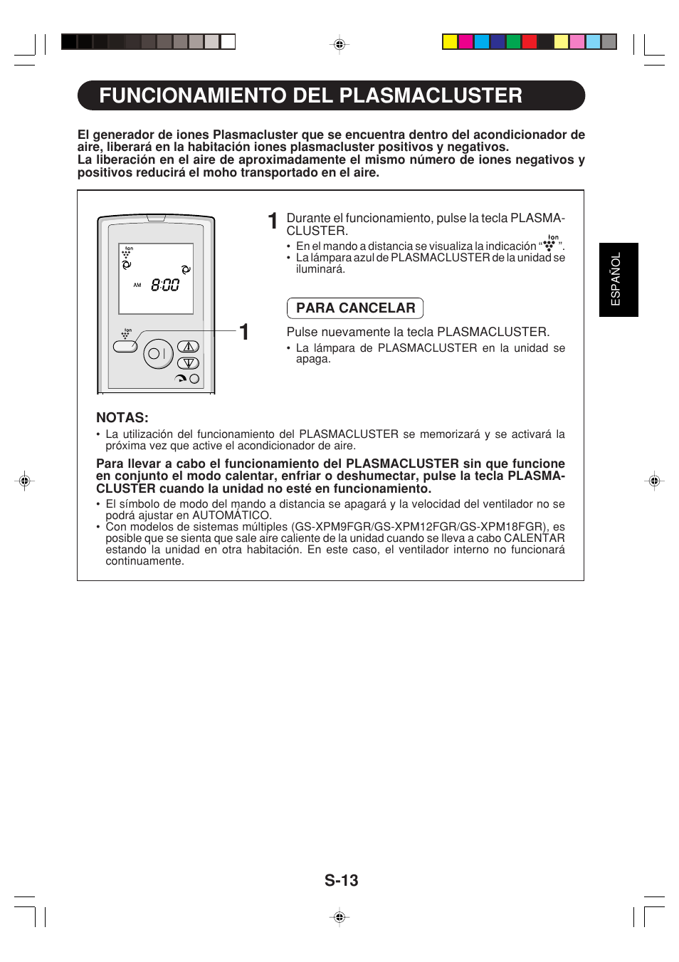 Funcionamiento del plasmacluster, S-13 | Sharp GS-XP12FGR - GU-X12FGR User Manual | Page 37 / 136