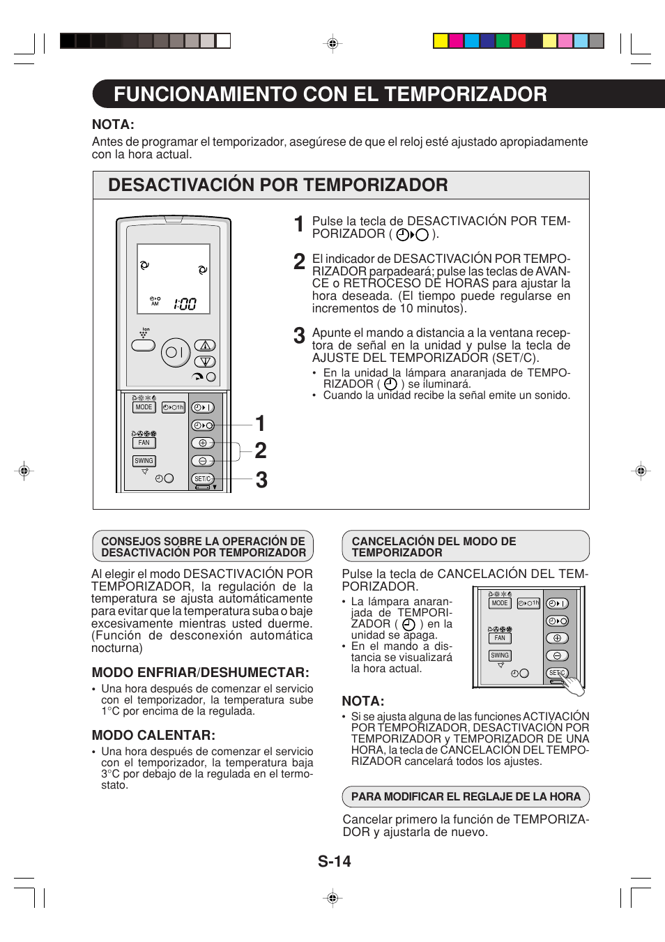 Funcionamiento con el temporizador, Desactivación por temporizador, S-14 | Sharp GS-XP12FGR - GU-X12FGR User Manual | Page 38 / 136