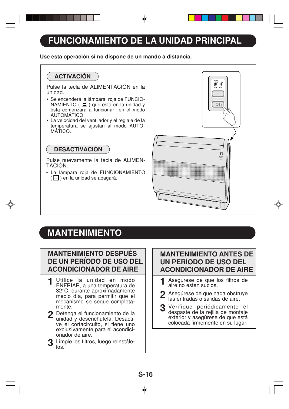 Funcionamiento de la unidad principal, Mantenimiento | Sharp GS-XP12FGR - GU-X12FGR User Manual | Page 40 / 136