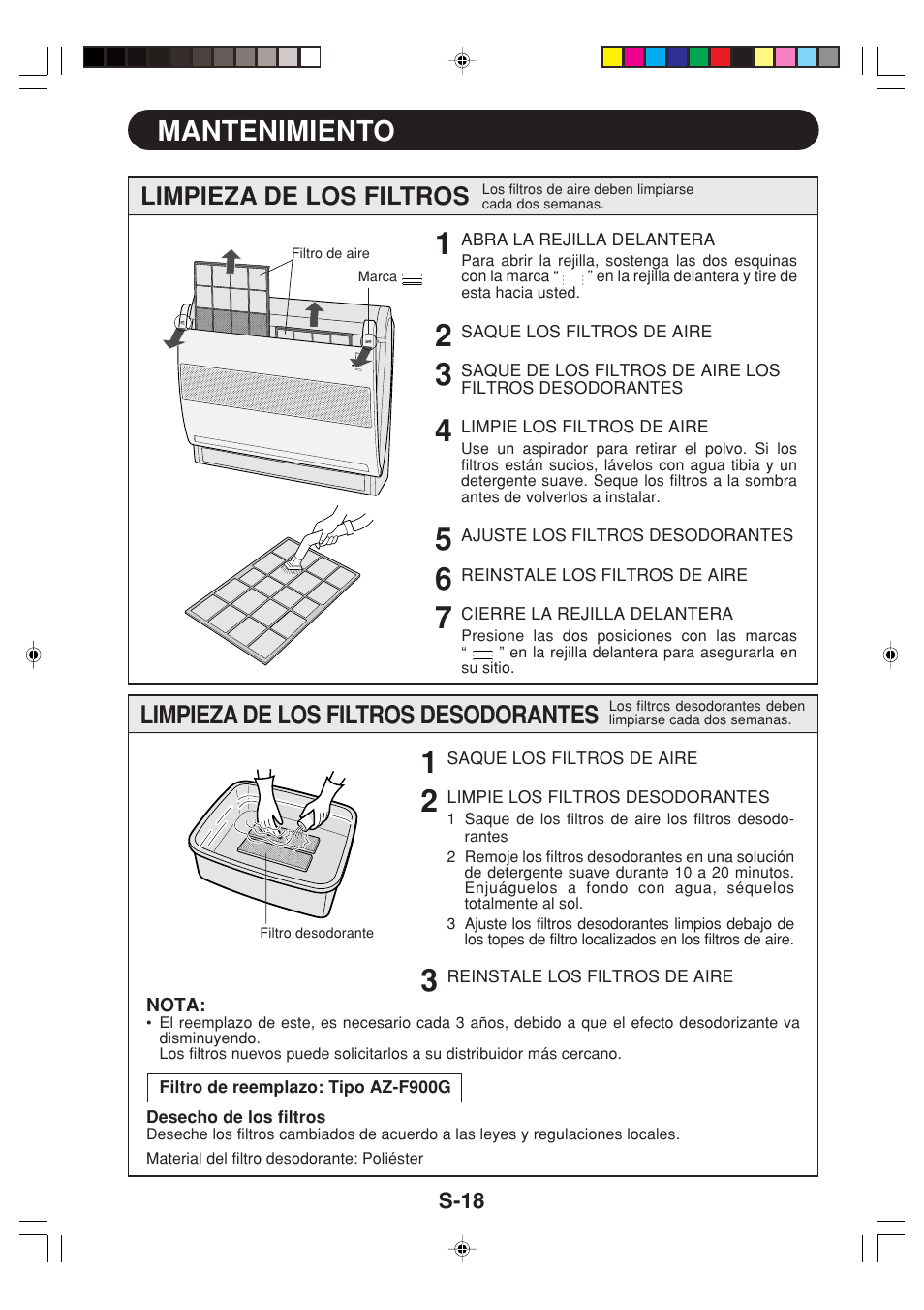 Mantenimiento, Limpieza de los filtros, Limpieza de los filtros desodorantes | Sharp GS-XP12FGR - GU-X12FGR User Manual | Page 42 / 136