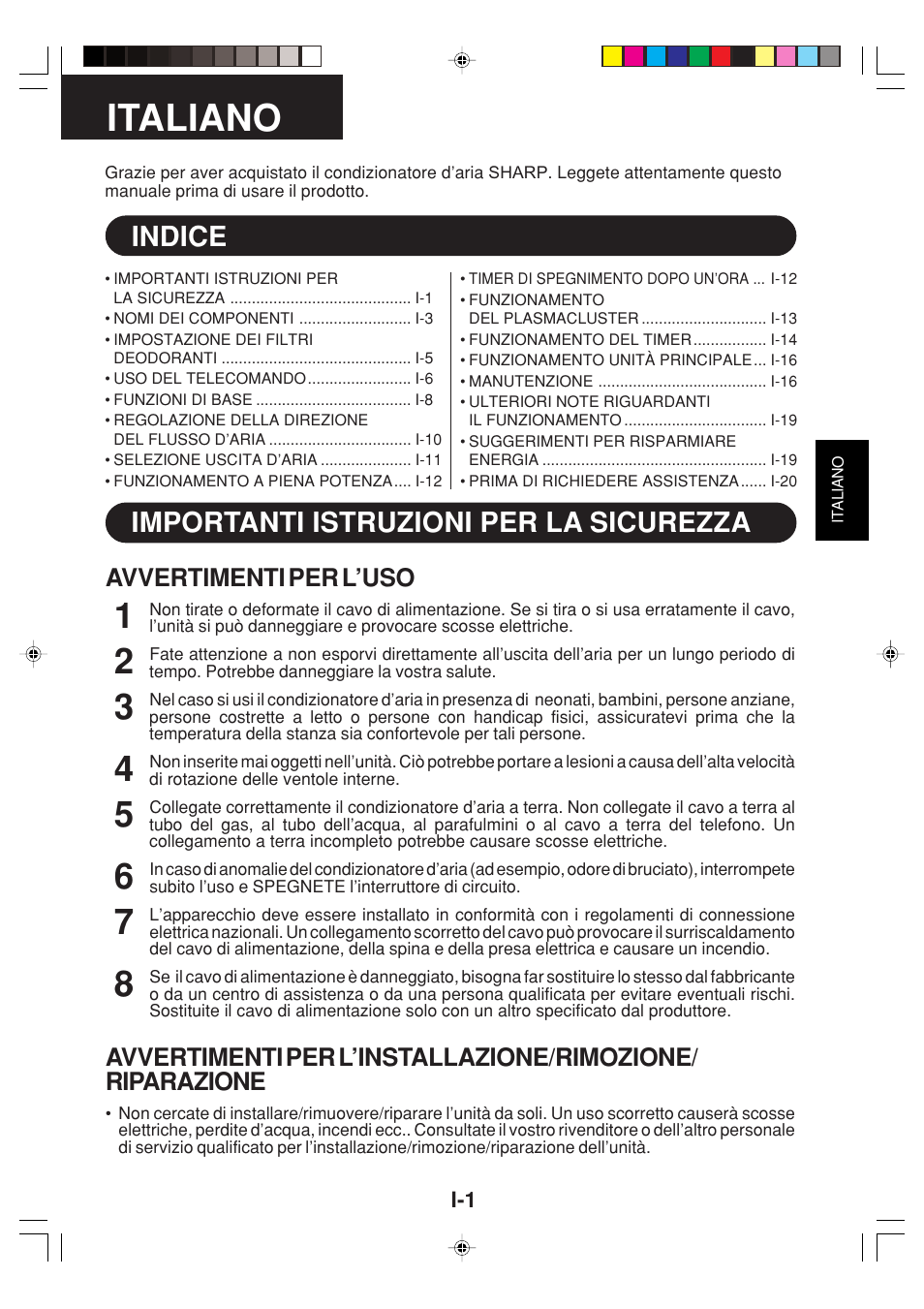 Italiano, Indice importanti istruzioni per la sicurezza, Avvertimenti per l’uso | Sharp GS-XP12FGR - GU-X12FGR User Manual | Page 47 / 136