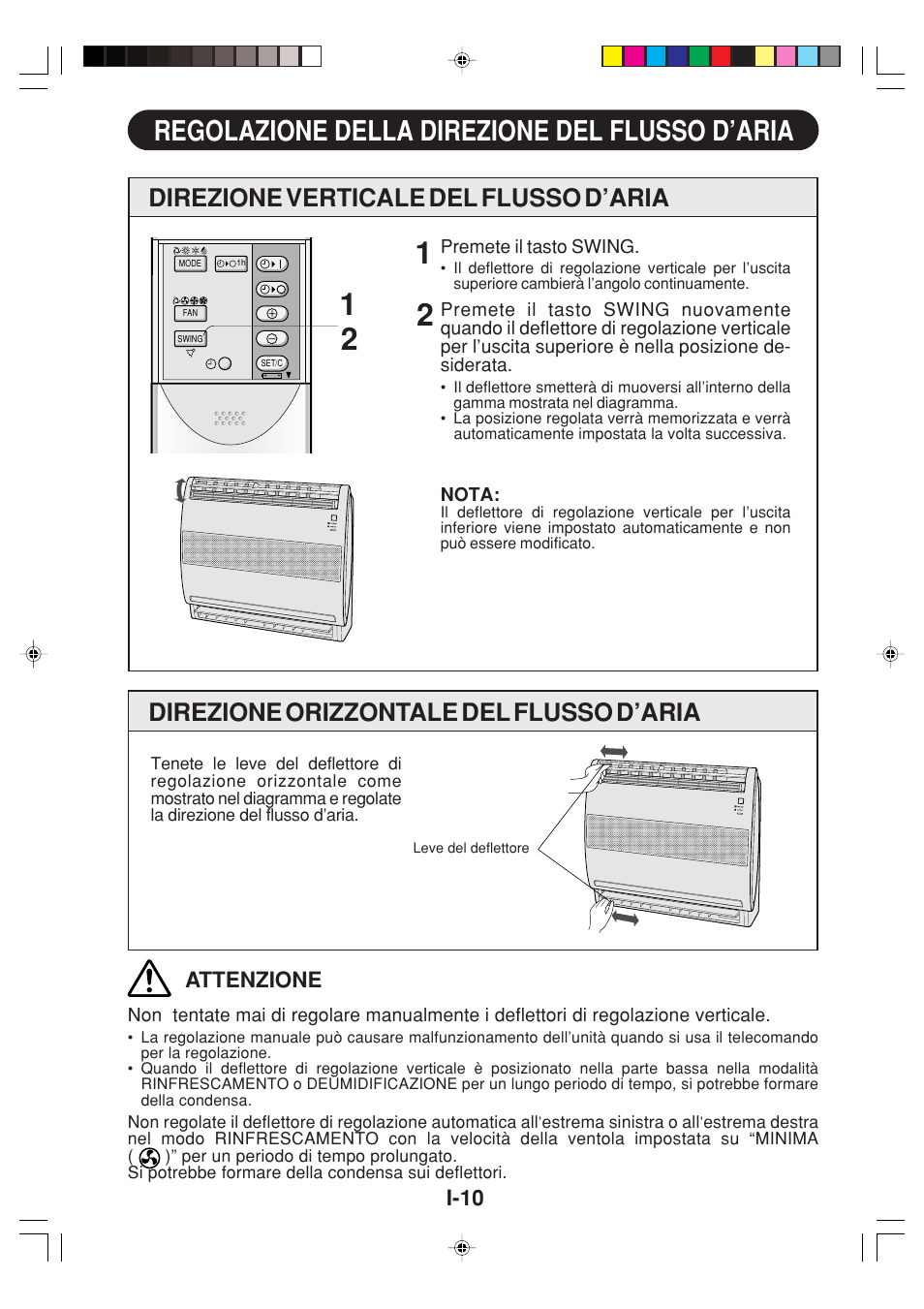 Regolazione della direzione del flusso d’aria, Direzione verticale del flusso d’aria, Direzione orizzontale del flusso d’aria | I-10 attenzione | Sharp GS-XP12FGR - GU-X12FGR User Manual | Page 56 / 136