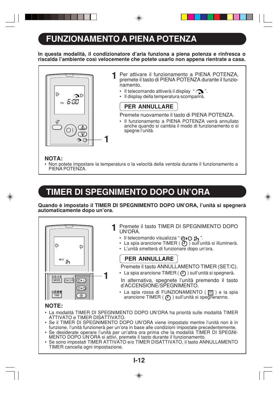 Funzionamento a piena potenza, Timer di spegnimento dopo un’ora, I-12 | Sharp GS-XP12FGR - GU-X12FGR User Manual | Page 58 / 136