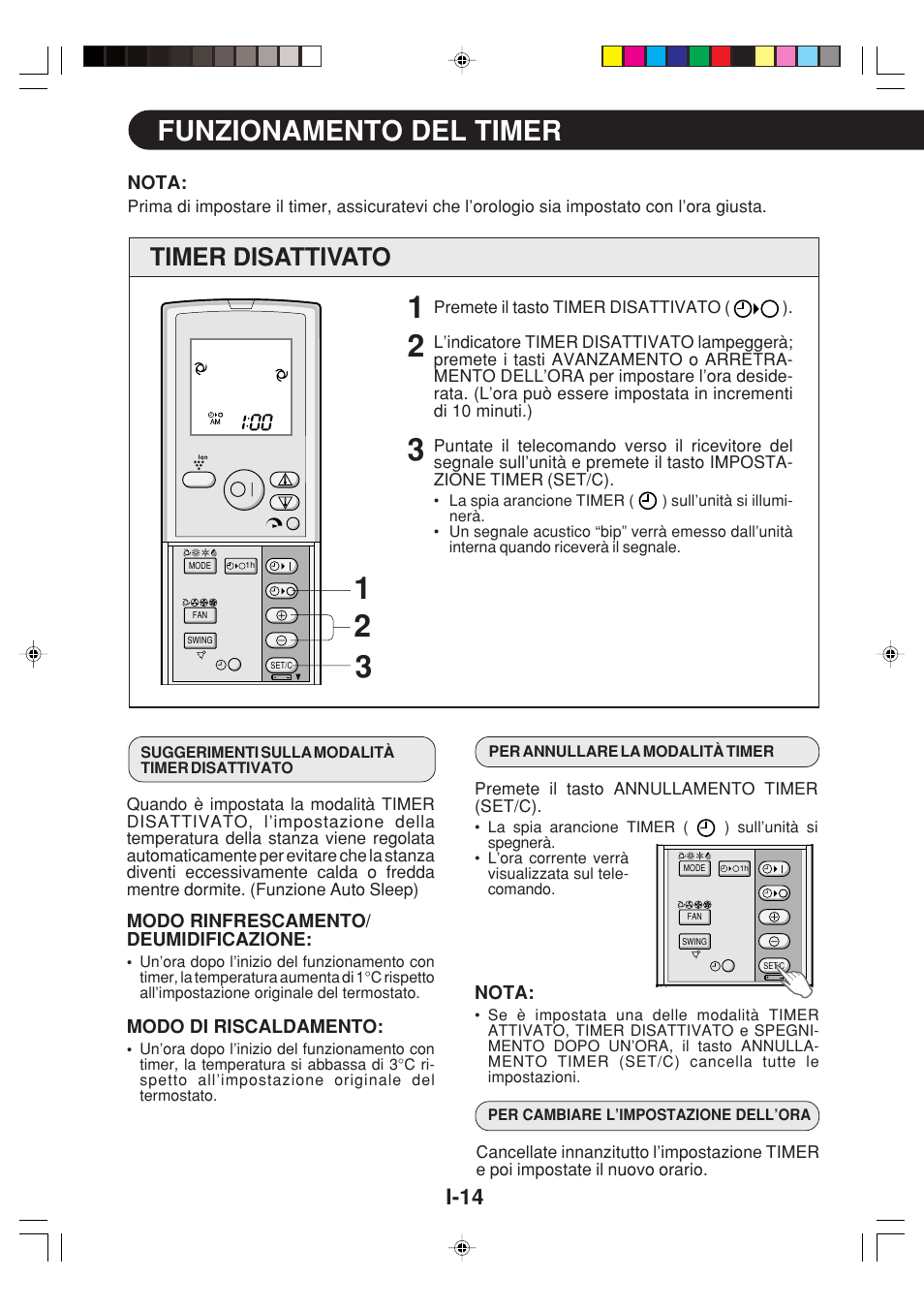 Funzionamento del timer, Timer disattivato, I-14 | Sharp GS-XP12FGR - GU-X12FGR User Manual | Page 60 / 136