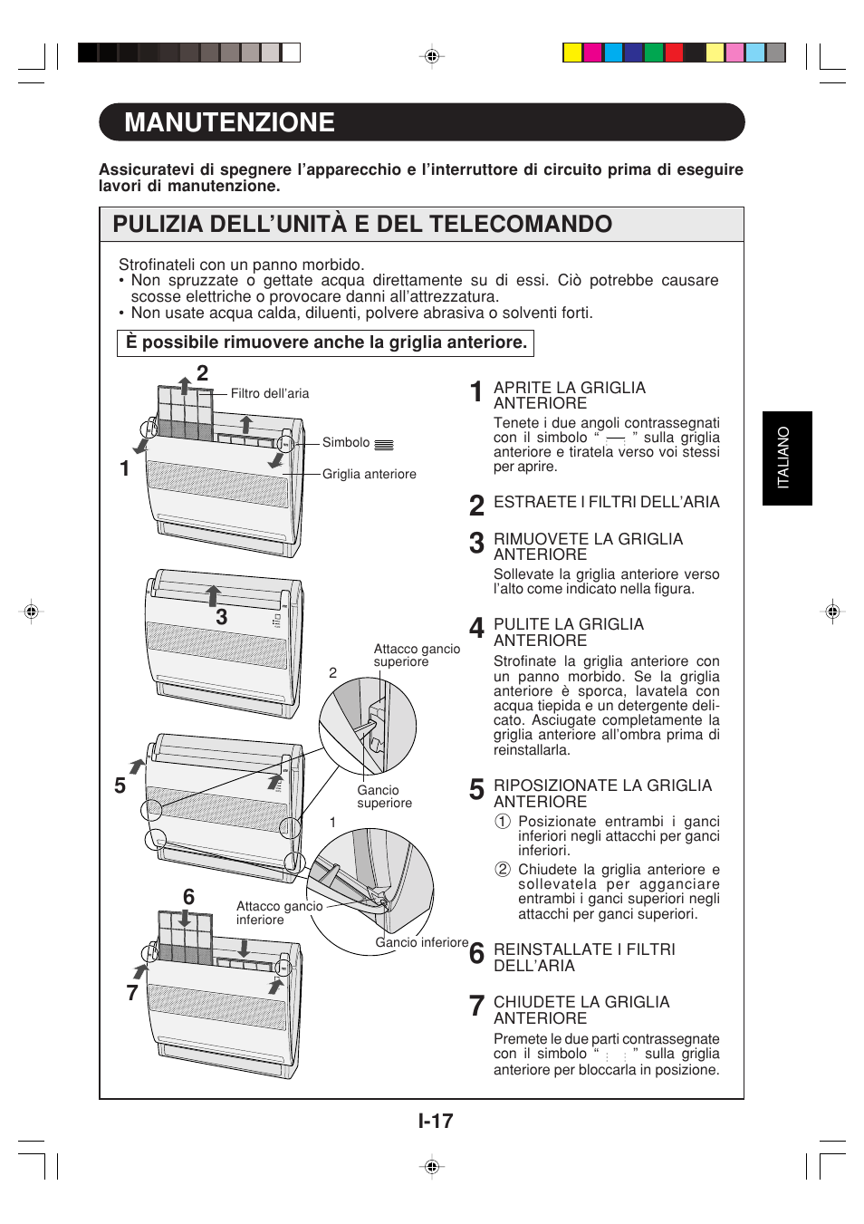 Manutenzione, Pulizia dell’unità e del telecomando | Sharp GS-XP12FGR - GU-X12FGR User Manual | Page 63 / 136