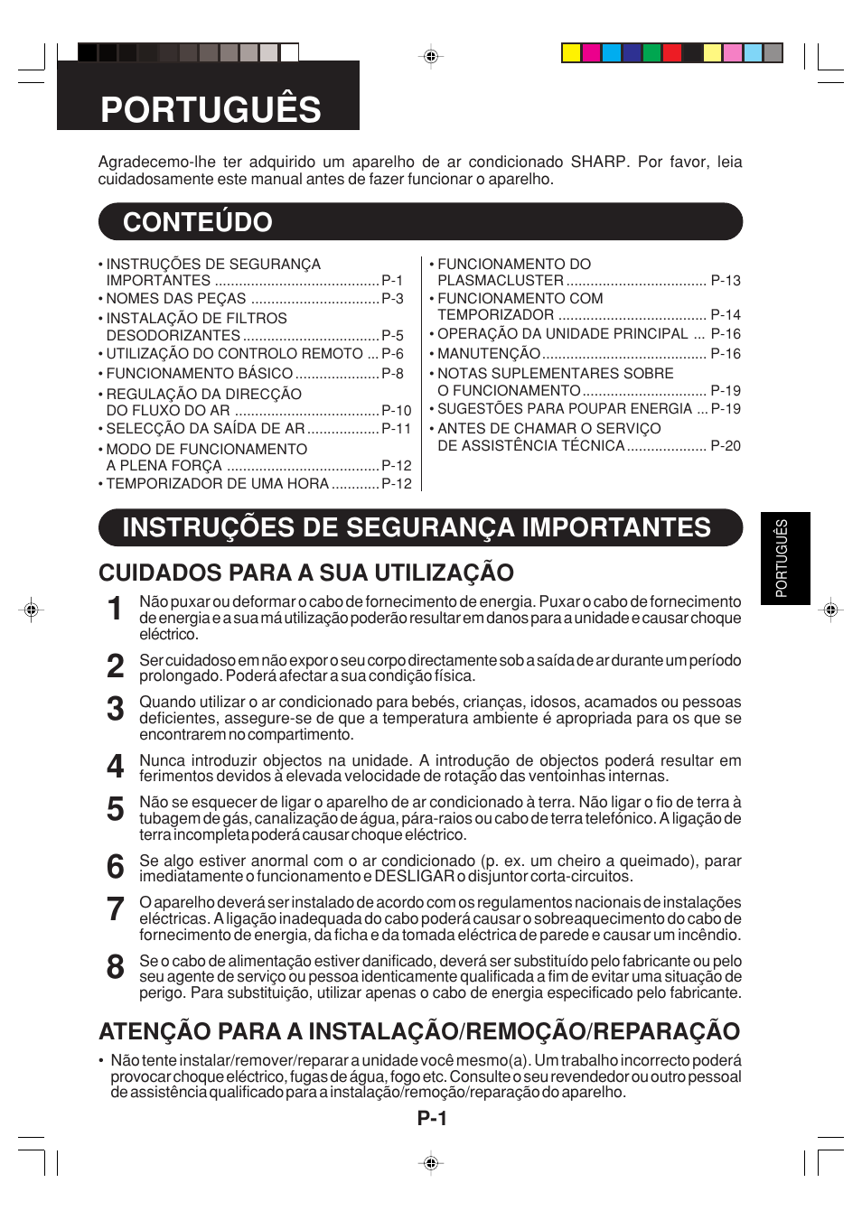 Português, Conteúdo instruções de segurança importantes, Cuidados para a sua utilização | Atenção para a instalação/remoção/reparação | Sharp GS-XP12FGR - GU-X12FGR User Manual | Page 69 / 136