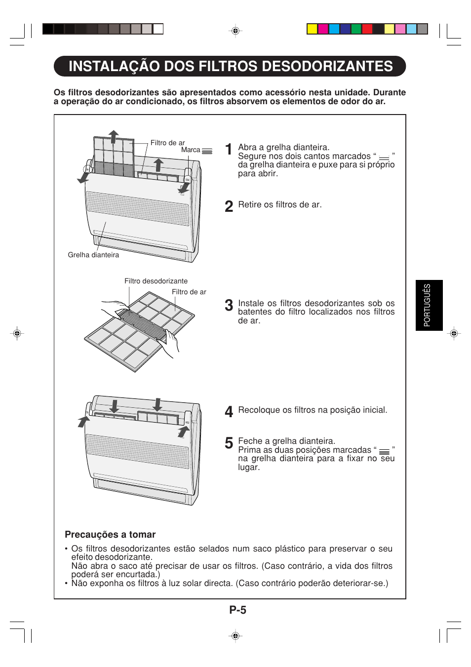 Instalação dos filtros desodorizantes | Sharp GS-XP12FGR - GU-X12FGR User Manual | Page 73 / 136