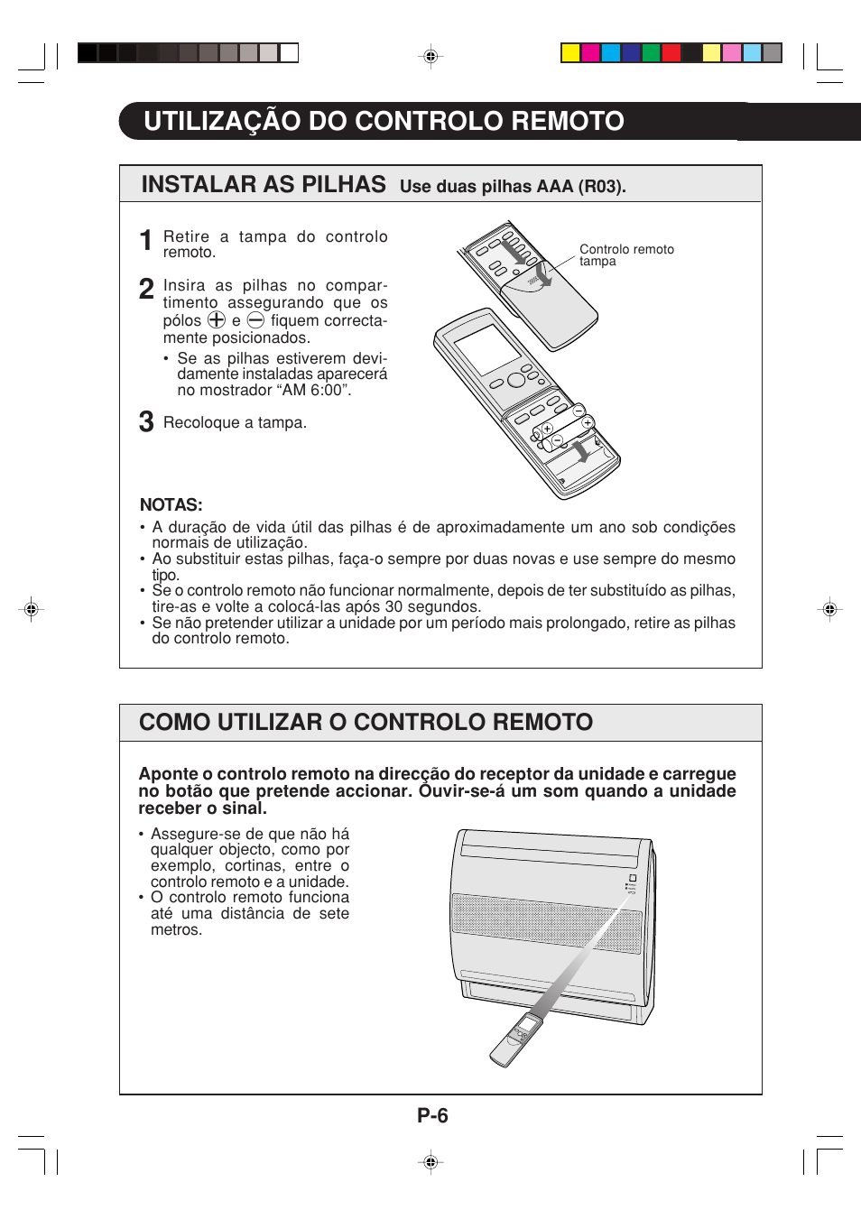 Utilização do controlo remoto, Instalar as pilhas, Como utilizar o controlo remoto | Sharp GS-XP12FGR - GU-X12FGR User Manual | Page 74 / 136