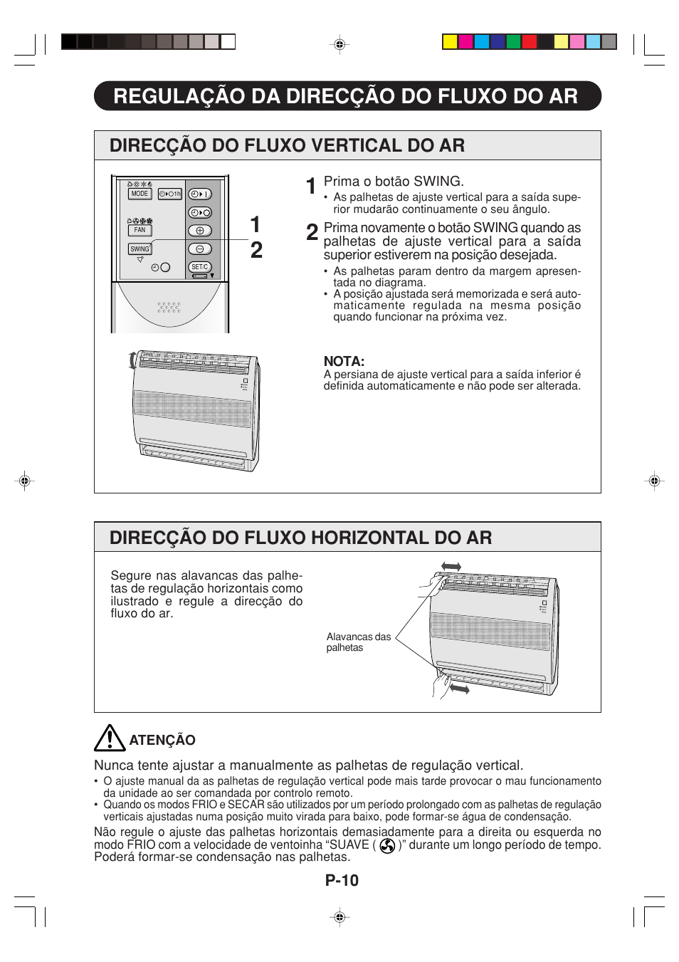 Regulação da direcção do fluxo do ar, Direcção do fluxo vertical do ar, Direcção do fluxo horizontal do ar | P-10 | Sharp GS-XP12FGR - GU-X12FGR User Manual | Page 78 / 136