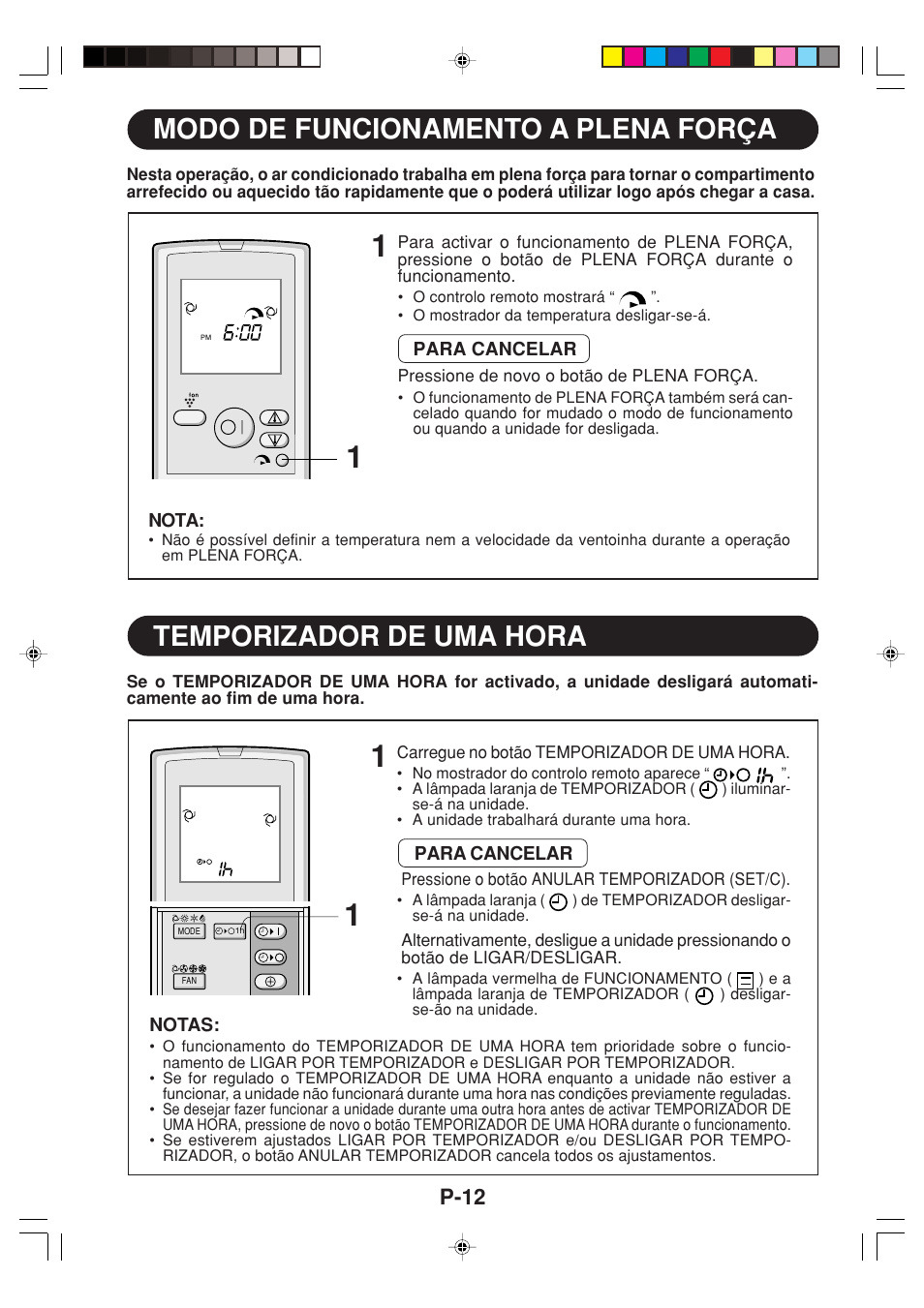 Modo de funcionamento a plena força, Temporizador de uma hora, P-12 | Sharp GS-XP12FGR - GU-X12FGR User Manual | Page 80 / 136