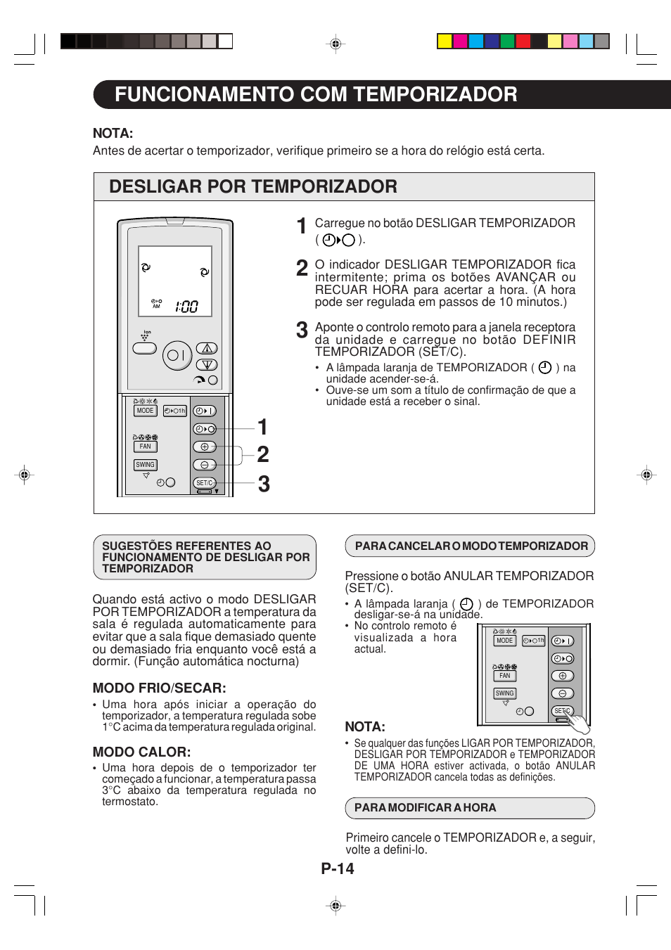 Funcionamento com temporizador, Desligar por temporizador, P-14 | Sharp GS-XP12FGR - GU-X12FGR User Manual | Page 82 / 136