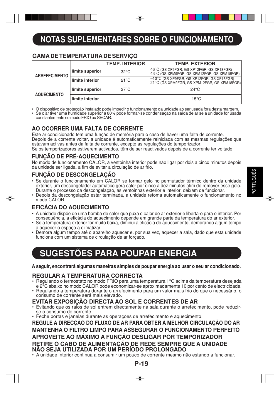 Notas suplementares sobre o funcionamento, Sugestões para poupar energia, P-19 | Sharp GS-XP12FGR - GU-X12FGR User Manual | Page 87 / 136