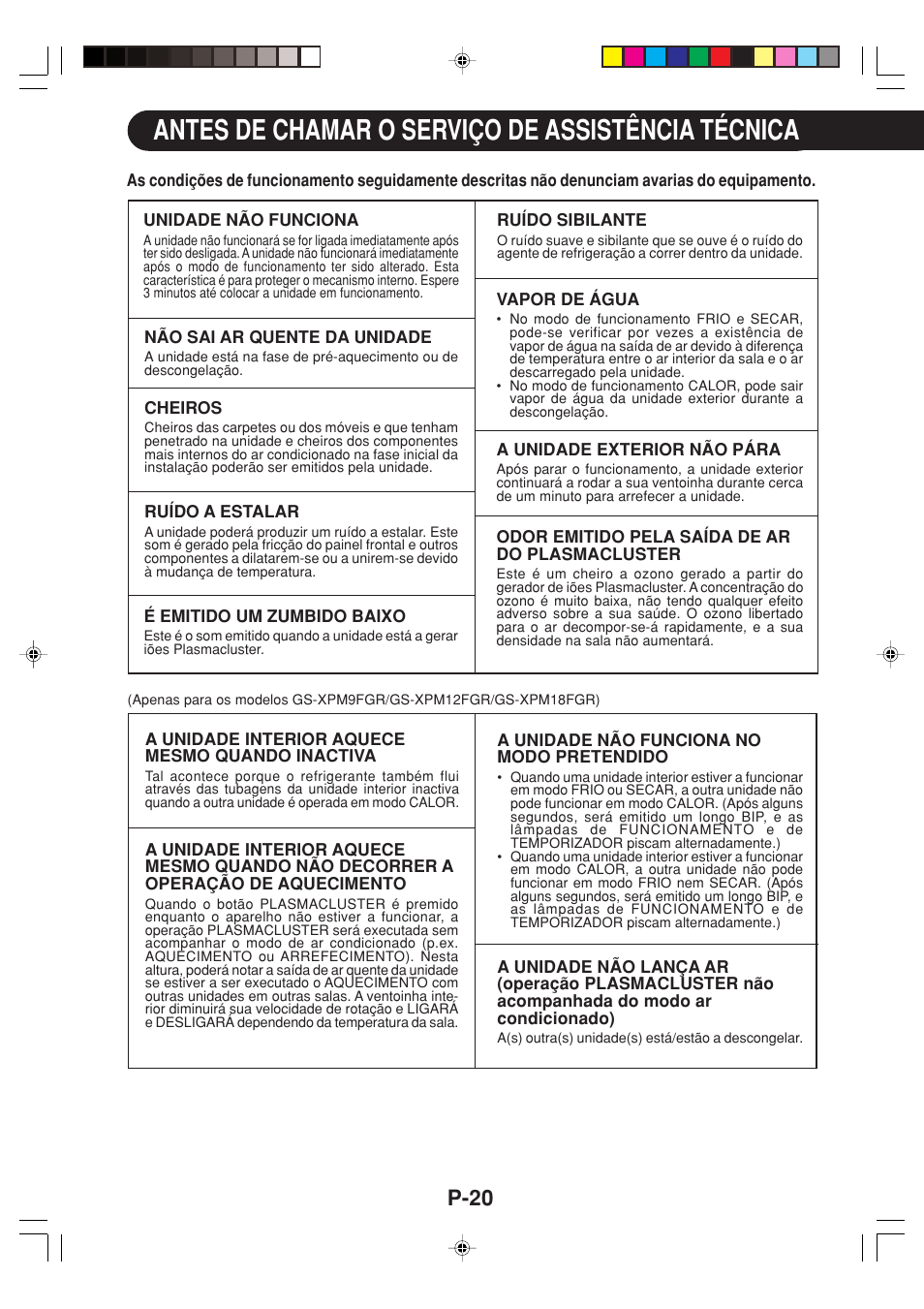 Antes de chamar o serviço de assistência técnica, P-20 | Sharp GS-XP12FGR - GU-X12FGR User Manual | Page 88 / 136