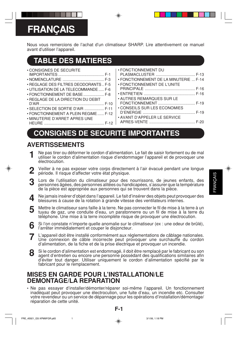 Français, Consignes de securite importantes, Table des matieres | Avertissements | Sharp GS-XP12FGR - GU-X12FGR User Manual | Page 91 / 136