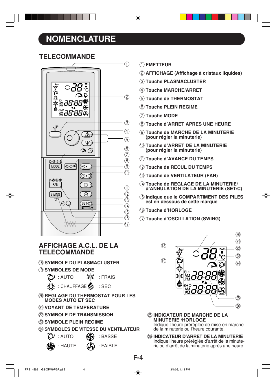 Nomenclature, Telecommande, Affichage a.c.l. de la telecommande | Sharp GS-XP12FGR - GU-X12FGR User Manual | Page 94 / 136