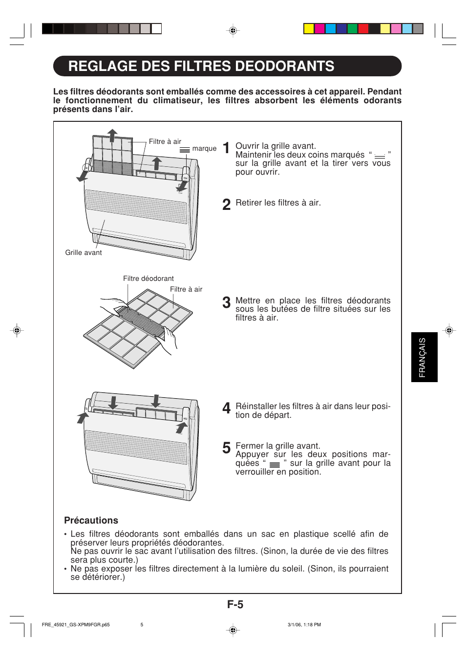 Reglage des filtres deodorants | Sharp GS-XP12FGR - GU-X12FGR User Manual | Page 95 / 136